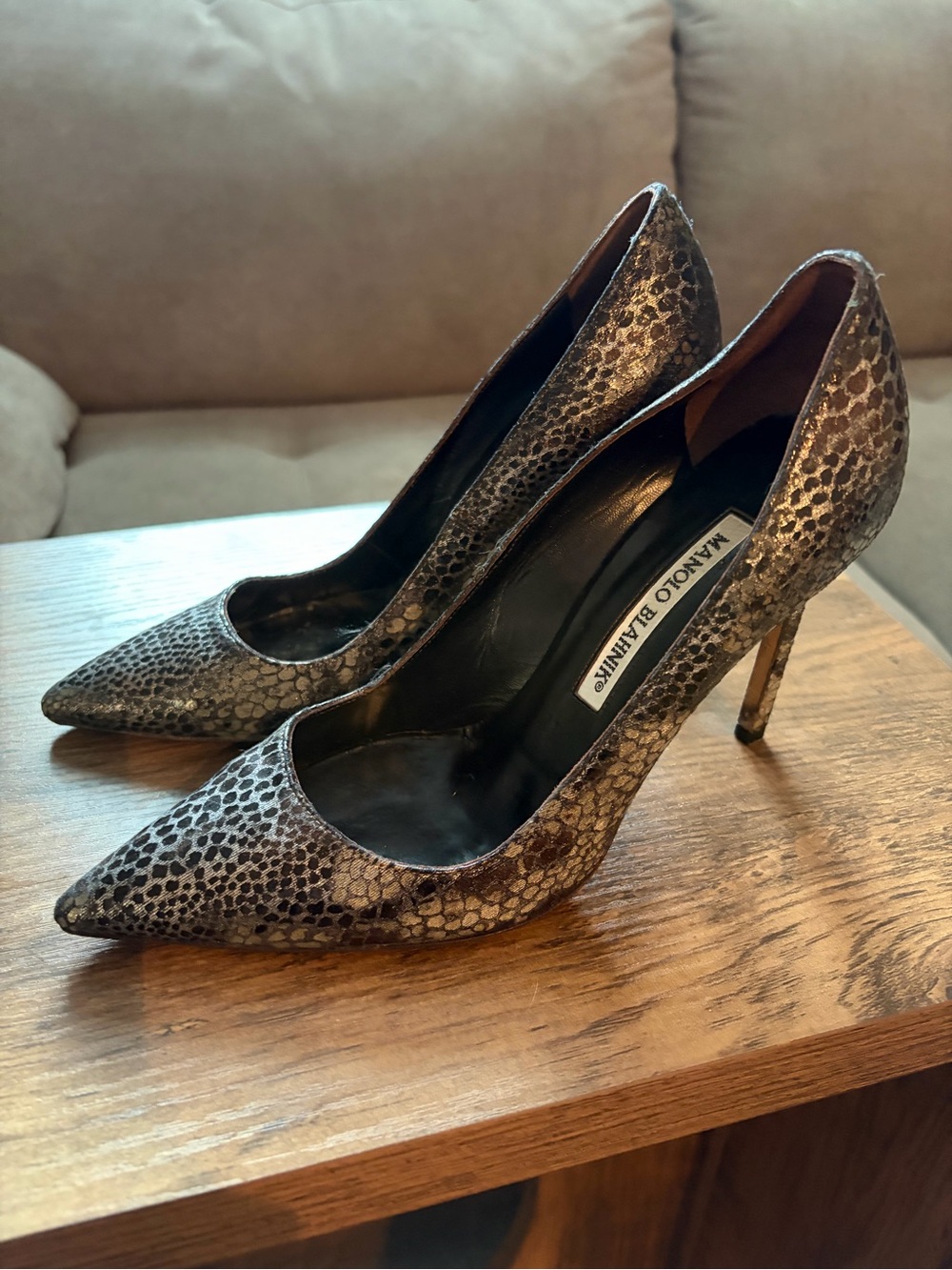 Manolo Blahnik Metallic Snake-Print Pointed Pumps in Silver and Gunmetal